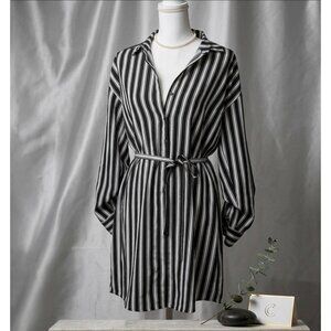 Express Black & White Striped Button-Up Belted Shirt Dress Long Sleeve Womens Si